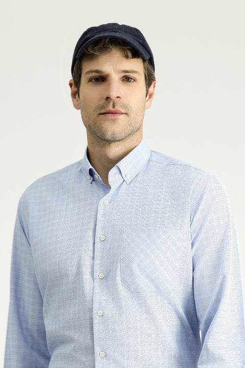 Sky Blue Long Sleeve Regular Fit Plaid Cotton Easy-Iron Button-Down Collar Shirt