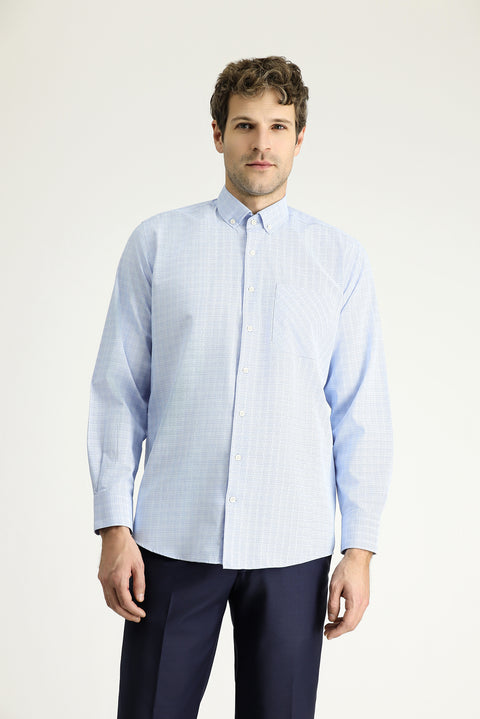 Sky Blue Long Sleeve Regular Fit Plaid Cotton Easy-Iron Button-Down Collar Shirt
