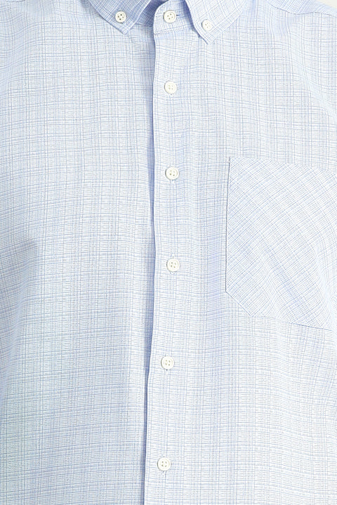 Sky Blue Long Sleeve Regular Fit Plaid Cotton Easy-Iron Button-Down Collar Shirt