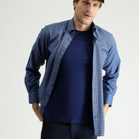Dark Blue Long Sleeve Regular Fit Plaid Cotton Button-Down Shirt