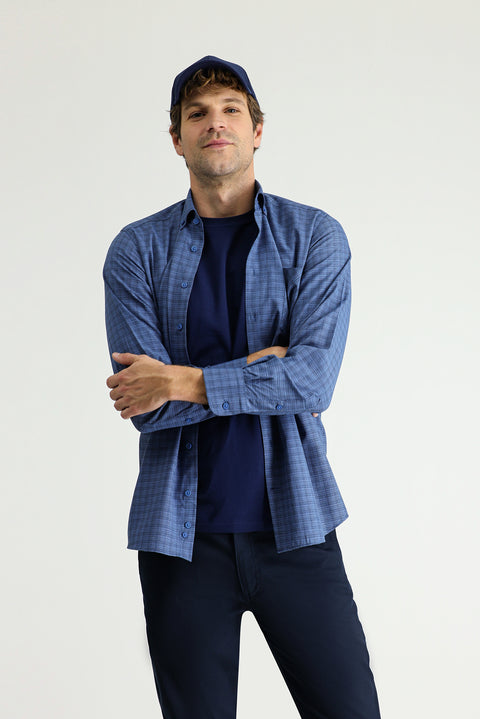 Dark Blue Long Sleeve Regular Fit Plaid Cotton Button-Down Shirt