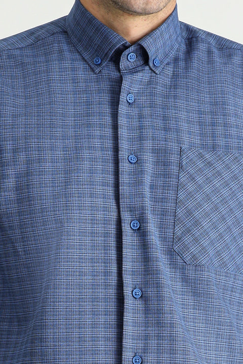 Dark Blue Long Sleeve Regular Fit Plaid Cotton Button-Down Shirt