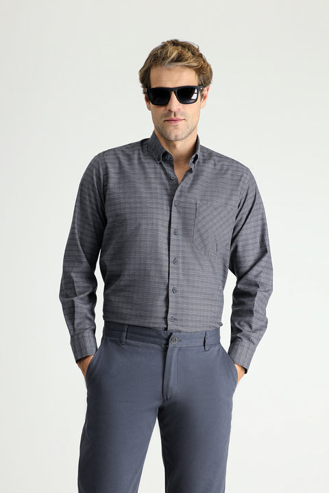 Medium Anthracite Long Sleeve Regular Fit Plaid Cotton Button-Down Shirt