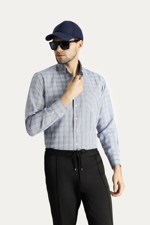 Light Blue Long Sleeve Regular Fit Plaid Cotton Easy-Iron Button-Down Collar Shirt