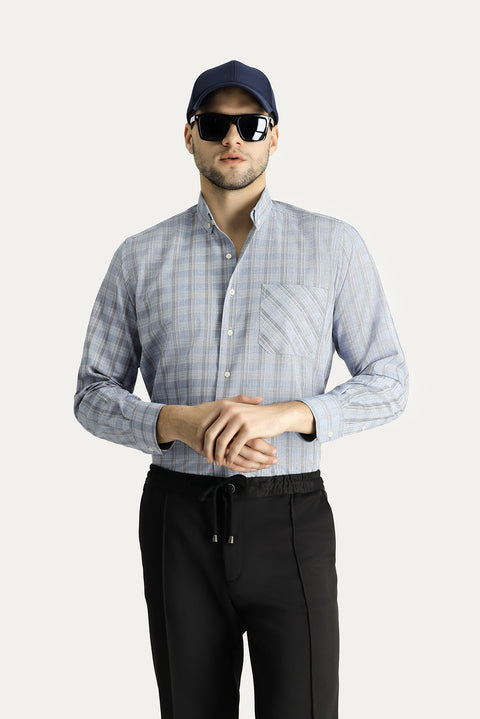 Light Blue Long Sleeve Regular Fit Plaid Cotton Easy-Iron Button-Down Collar Shirt