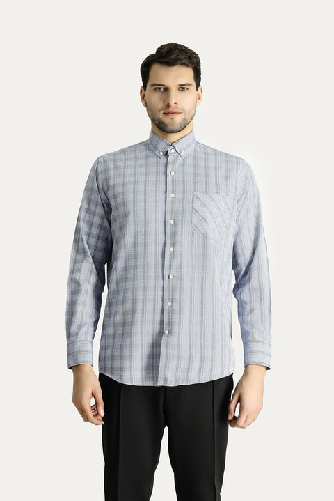 Light Blue Long Sleeve Regular Fit Plaid Cotton Easy-Iron Button-Down Collar Shirt