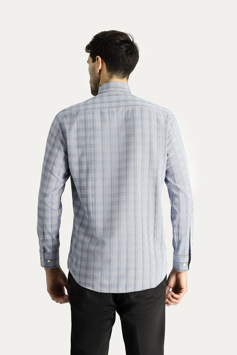Light Blue Long Sleeve Regular Fit Plaid Cotton Easy-Iron Button-Down Collar Shirt