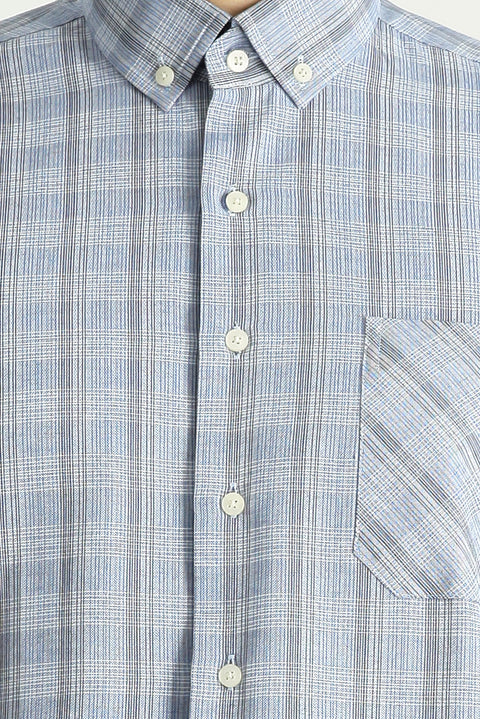 Light Blue Long Sleeve Regular Fit Plaid Cotton Easy-Iron Button-Down Collar Shirt