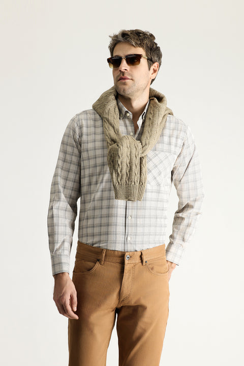 Light Beige Long Sleeve Regular Fit Plaid Cotton Easy-Iron Button-Down Collar Shirt