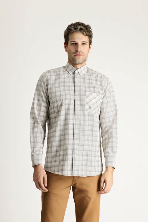 Light Beige Long Sleeve Regular Fit Plaid Cotton Easy-Iron Button-Down Collar Shirt