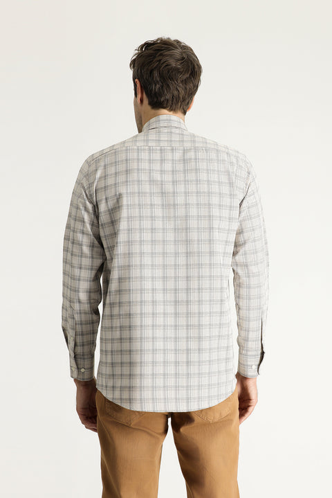 Light Beige Long Sleeve Regular Fit Plaid Cotton Easy-Iron Button-Down Collar Shirt