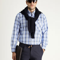Sky Blue Long Sleeve Regular Fit Plaid Cotton Button-Down Shirt
