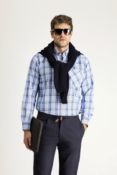 Sky Blue Long Sleeve Regular Fit Plaid Cotton Button-Down Shirt