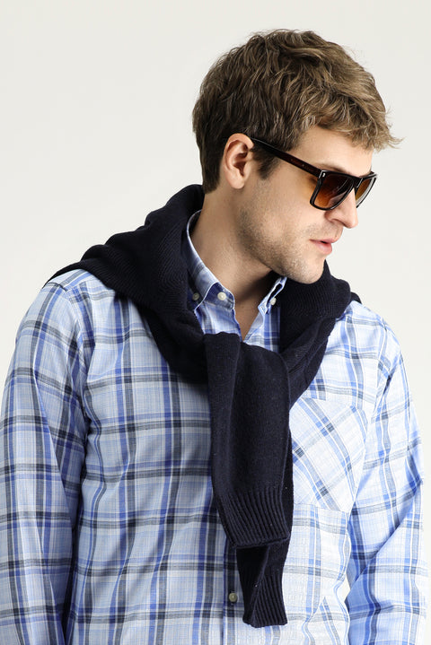 Sky Blue Long Sleeve Regular Fit Plaid Cotton Button-Down Shirt