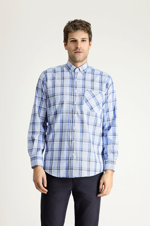 Sky Blue Long Sleeve Regular Fit Plaid Cotton Button-Down Shirt