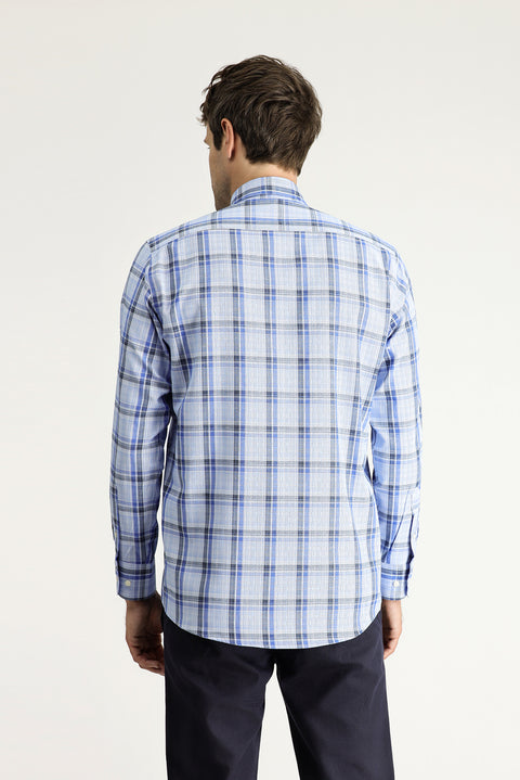 Sky Blue Long Sleeve Regular Fit Plaid Cotton Button-Down Shirt