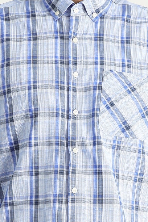 Sky Blue Long Sleeve Regular Fit Plaid Cotton Button-Down Shirt