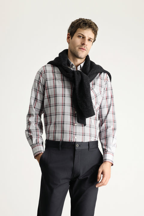 Red Long-Sleeve Regular Fit Plaid Easy-Iron Button-Down Collar Sports Shirt