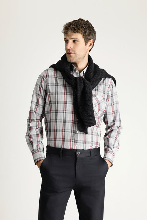 Red Long-Sleeve Regular Fit Plaid Easy-Iron Button-Down Collar Sports Shirt