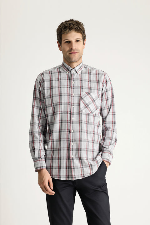 Red Long-Sleeve Regular Fit Plaid Easy-Iron Button-Down Collar Sports Shirt