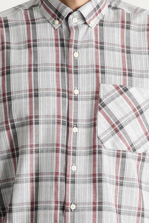 Red Long-Sleeve Regular Fit Plaid Easy-Iron Button-Down Collar Sports Shirt