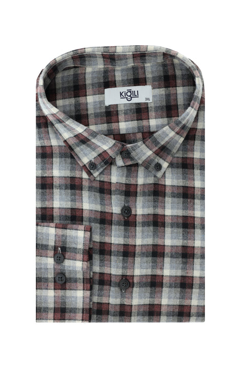Light Burgundy Plus Size Long Sleeve Plaid Cotton Easy-Iron Button-Down Collar Lumberjack Shirt