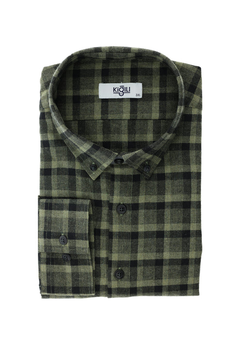 Light Khaki Plus Size Long Sleeve Plaid Cotton Easy-Iron Button-Down Collar Lumberjack Shirt