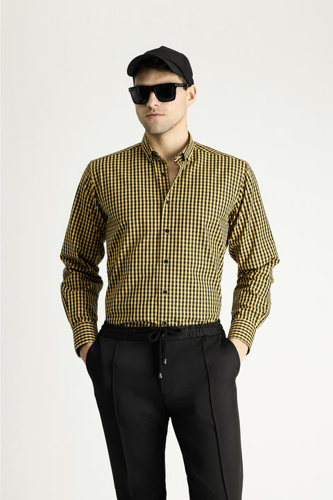 Mustard Yellow Long Sleeve Regular Fit Lumberjack Plaid Cotton Easy-Iron Button-Down Collar Shirt