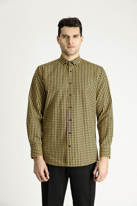 Mustard Yellow Long Sleeve Regular Fit Lumberjack Plaid Cotton Easy-Iron Button-Down Collar Shirt
