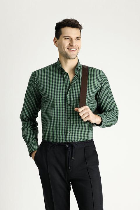 Dark Green Long Sleeve Regular Fit Lumberjack Plaid Cotton Easy-Iron Button-Down Shirt