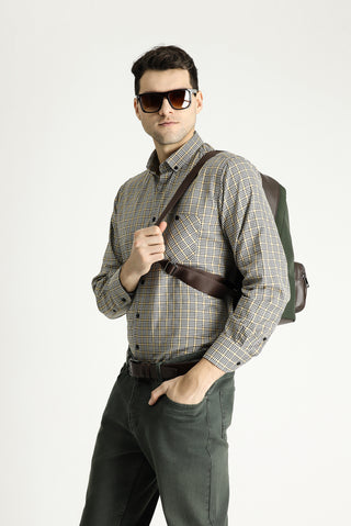  Orta Bej Uzun Kol Regular Fit Oduncu Ekose Pamuklu Kolay Ütülenebilir Gömlek