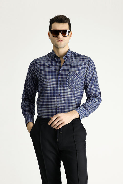 Mid Grey Long Sleeve Regular Fit Button-Down Collar Easy Iron Plaid Cotton Shirt