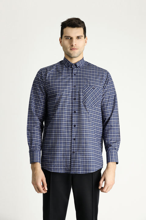 Mid Grey Long Sleeve Regular Fit Button-Down Collar Easy Iron Plaid Cotton Shirt