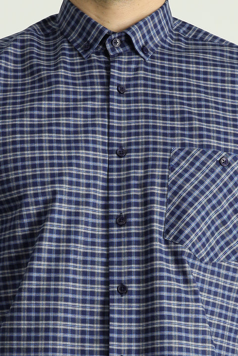 Mid Grey Long Sleeve Regular Fit Button-Down Collar Easy Iron Plaid Cotton Shirt