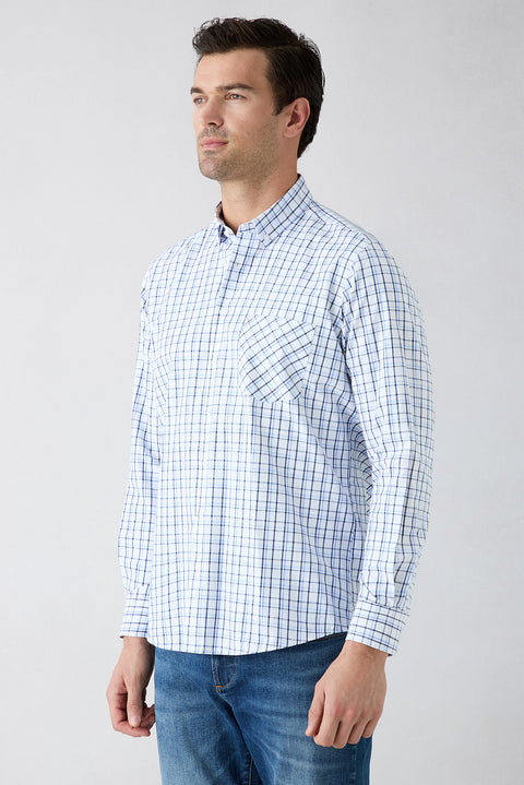 Light Blue Long Sleeve Regular Fit Button-Down Collar Easy Iron Plaid Shirt