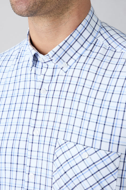 Light Blue Long Sleeve Regular Fit Button-Down Collar Easy Iron Plaid Shirt