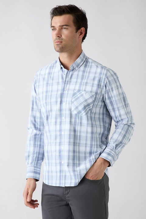 Mid-Navy Long Sleeve Regular Fit Button-Down Collar Easy Iron Plaid Cotton Shirt