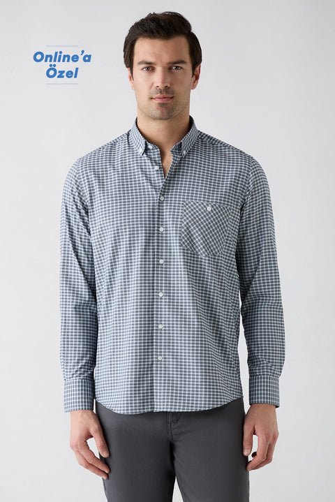 Dark Navy Long Sleeve Regular Fit Button-Down Collar Easy Iron Plaid Shirt