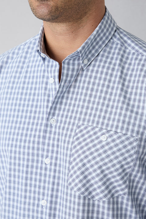 Navy Long Sleeve Regular Fit Button-Down Collar Cotton Easy Iron Plaid Shirt
