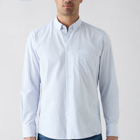 Pale Blue Long Sleeve Regular Fit Button-Down Collar Cotton Easy Iron Plaid Shirt