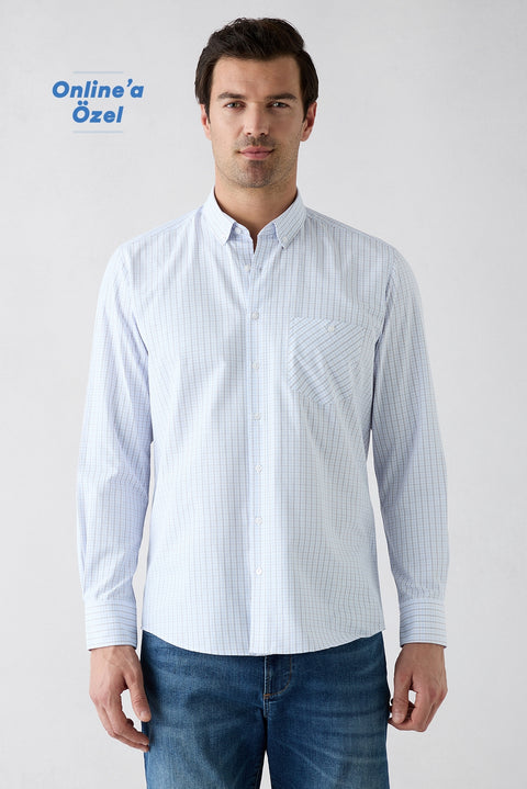 Pale Blue Long Sleeve Regular Fit Button-Down Collar Cotton Easy Iron Plaid Shirt