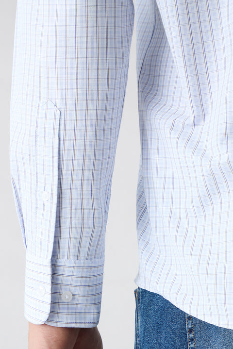 Pale Blue Long Sleeve Regular Fit Button-Down Collar Cotton Easy Iron Plaid Shirt