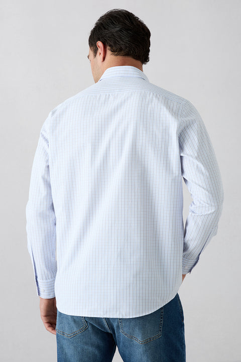 Pale Blue Long Sleeve Regular Fit Button-Down Collar Cotton Easy Iron Plaid Shirt