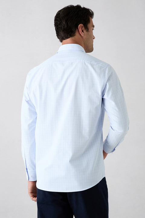 Light Blue Long Sleeve Regular Fit Button-Down Collar Cotton Easy-Iron Plaid Shirt