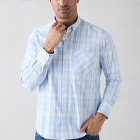 Sky Blue Long Sleeve Regular Fit Button-Down Collar Easy Iron Plaid Cotton Shirt
