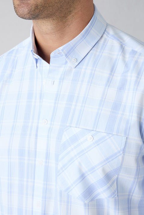 Sky Blue Long Sleeve Regular Fit Button-Down Collar Easy Iron Plaid Cotton Shirt