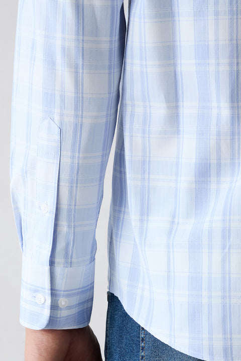 Sky Blue Long Sleeve Regular Fit Button-Down Collar Easy Iron Plaid Cotton Shirt