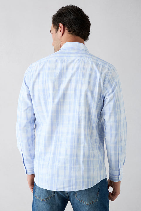 Sky Blue Long Sleeve Regular Fit Button-Down Collar Easy Iron Plaid Cotton Shirt
