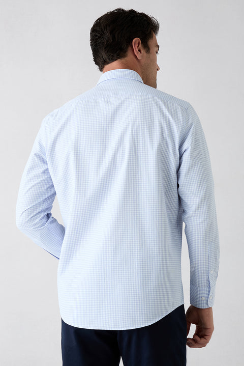 Aqua Blue Long Sleeve Regular Fit Button-Down Collar Cotton Easy Iron Plaid Shirt