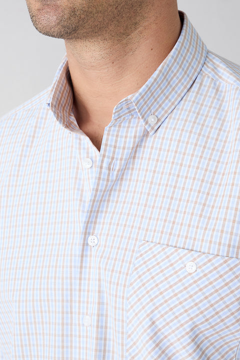Cloud Blue Long Sleeve Regular Fit Button-Down Collar Cotton Easy-Iron Plaid Shirt